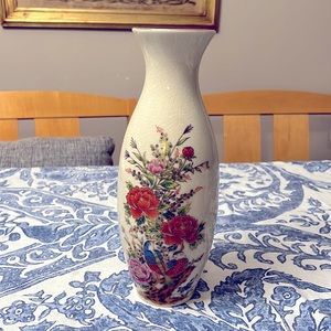 Vintage 1960s Japanese Hand Painted Vase Multi-color Floral Birds Gold Ceramic